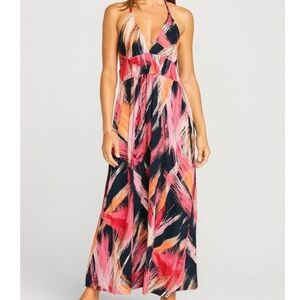 Chelsey brand maxi halter slinky SZ L tie neck pink black padded top SZ L